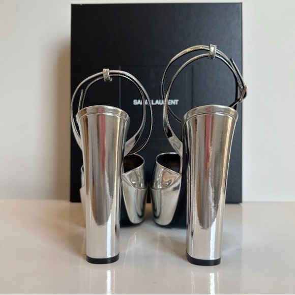 NWT SAINT LAURENT Jodie Metallic 135 Patent Leather Platform Sandals Silver 39.5 - Picture 6 of 15